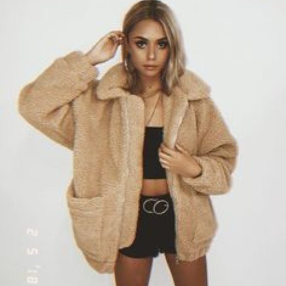 Princess Polly Oversized Tan Zip Up Teddy Coat Blogger Fav - Picture 3 of 13